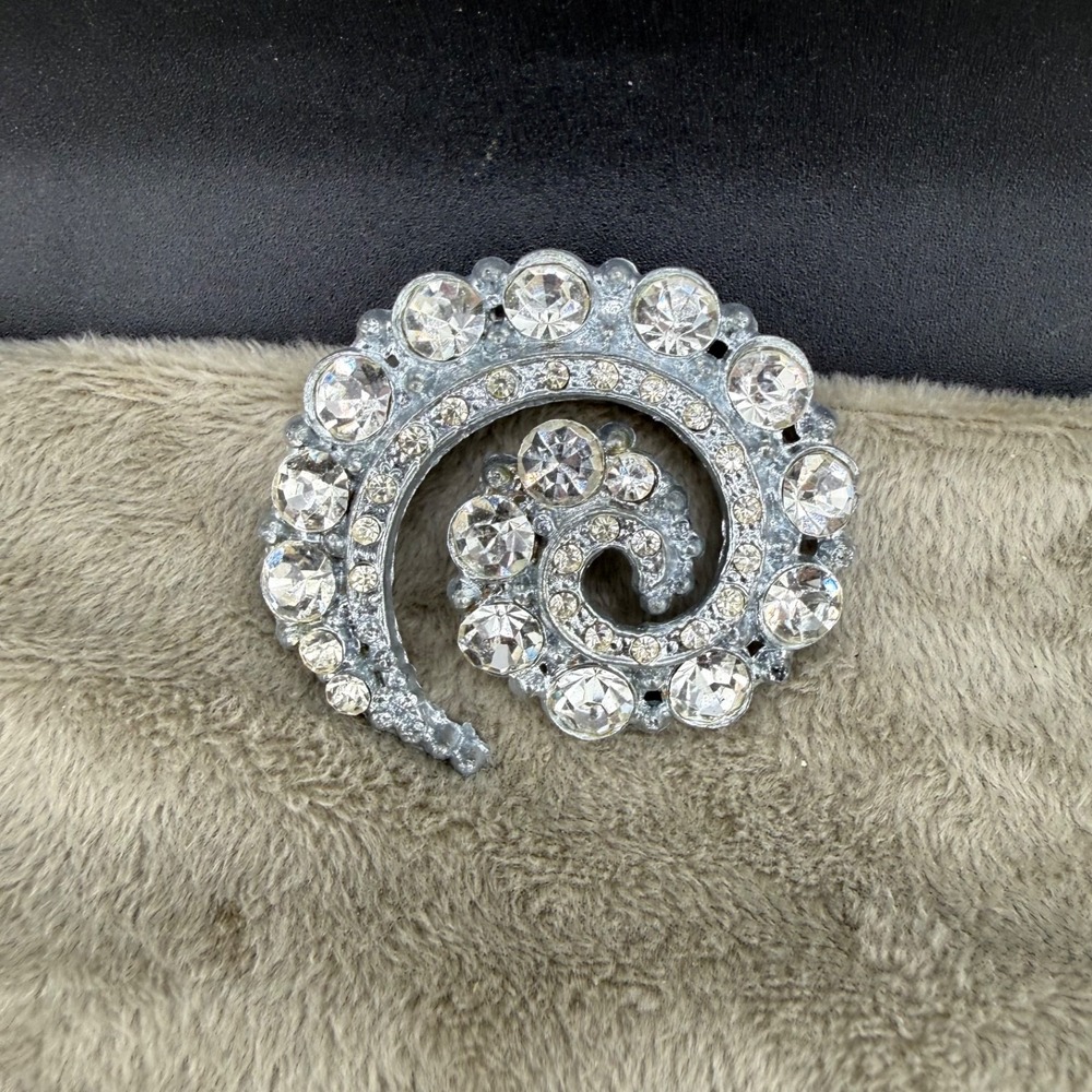 Vintage AJC Brooch Silver Tone Rhinestone Spiral Swirl Signed 2in